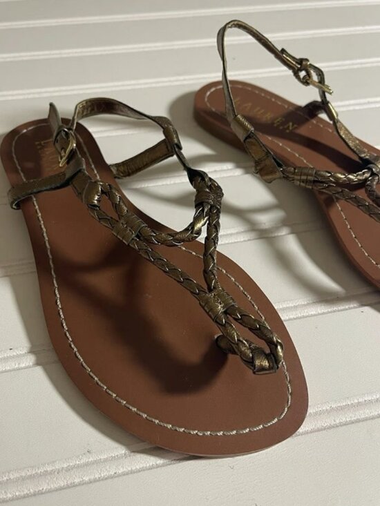 Lauren Ralph Lauren Shoes - Lauren Ralph Lauren Leather Braided Slingback Thong Sandals Women's 5.5B Gold